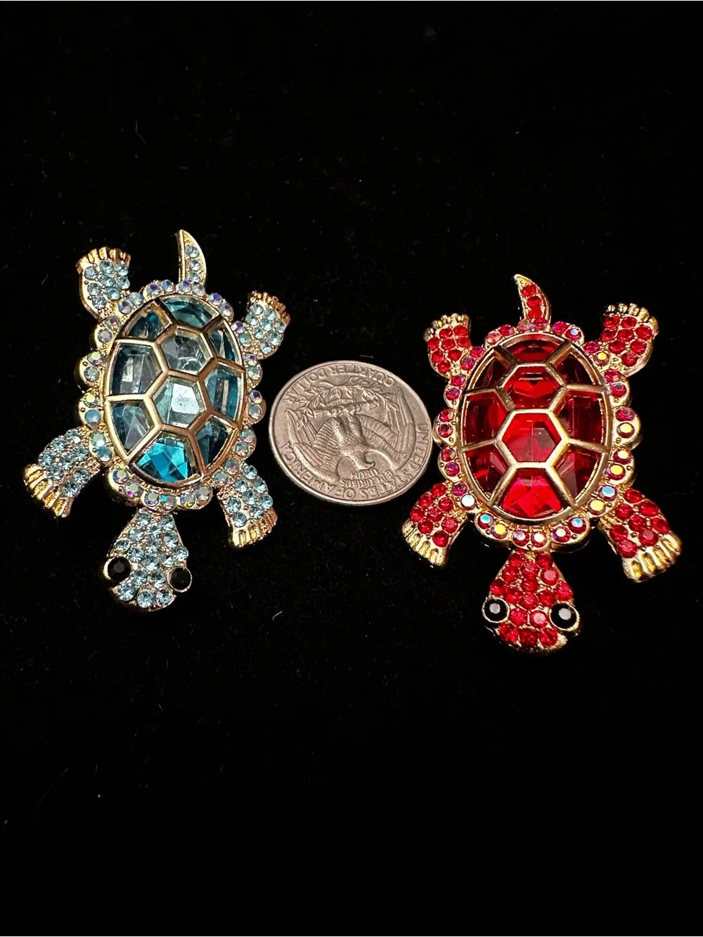 Crystal Turtle Brooches - Blue & Red Rhinestone Set